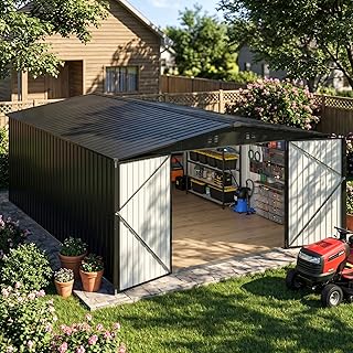 MNLR 10x14 FT Large Metal Storage Shed, Waterproof Outdoor Tool Shed with Lockable Double Hinged Door, Reinforced Frame Structure, Sloped Roof & Vents for Lawn Mower, Bikes & Patio Gear