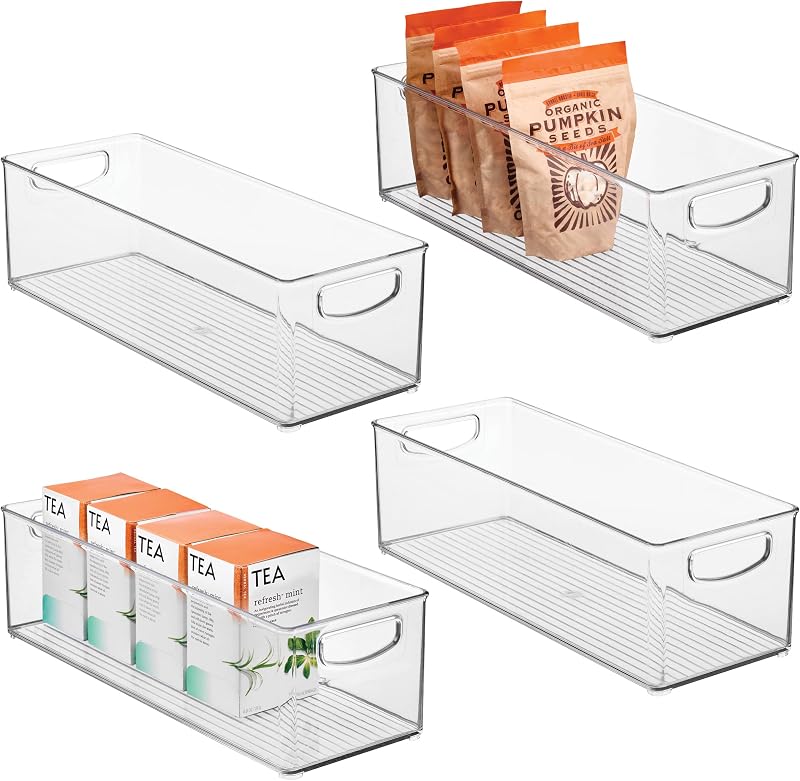 Plastic Stackable Pantry Bin with Handles, Set of 4, Clear | For Kitchen Cabinets or Fridge, Made in USA