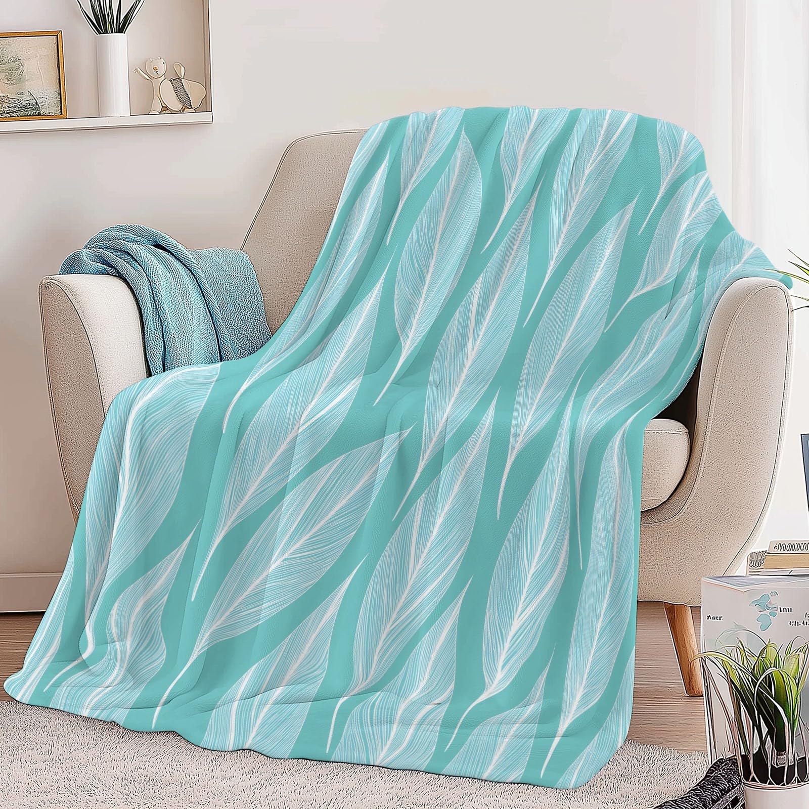 Manta con Estampado Líneas geométrico Hojas de Menta, 220 x 240 cm Manta Azul de Forro Polar de Franela – para Sofá Cama y Viaje Apta para Niñas Niños y Adultos