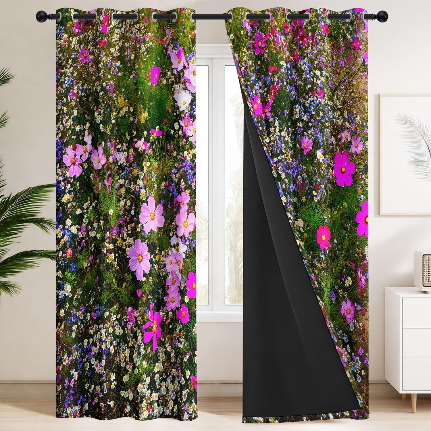 Generisch Kosmeen Gänseblümchen Wildblumen Verdunklungsvorhänge mit Ösen Landhaus Rustikal Blickdichte Gardinen Blackout Vorhang Thermo Weich für Schlafzimmer und Wohnzimmer 2er Set B 91.5 x H 214 cm