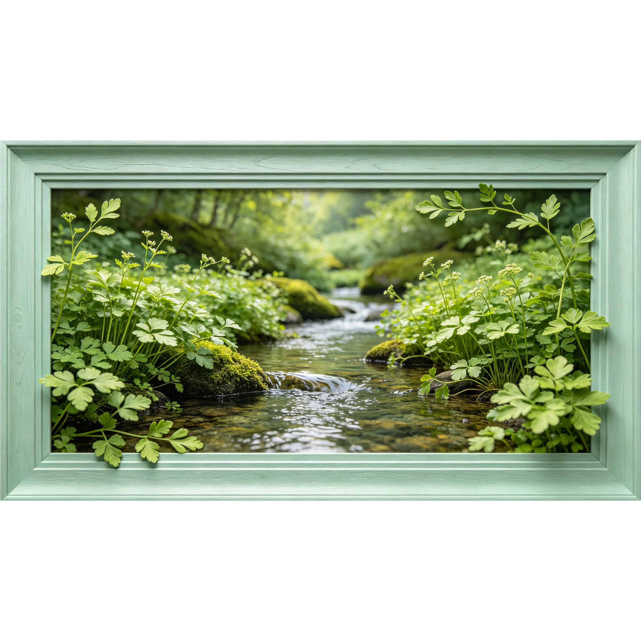 QZLITHOTIC 50×90cm3D Framed Wall Art， Lush Mossy Creek Landscape Botanical Self?Adhesive Mural， Water?Activated Peel & Stick Fabric Decor Wall Decal for Bedroom Living Room