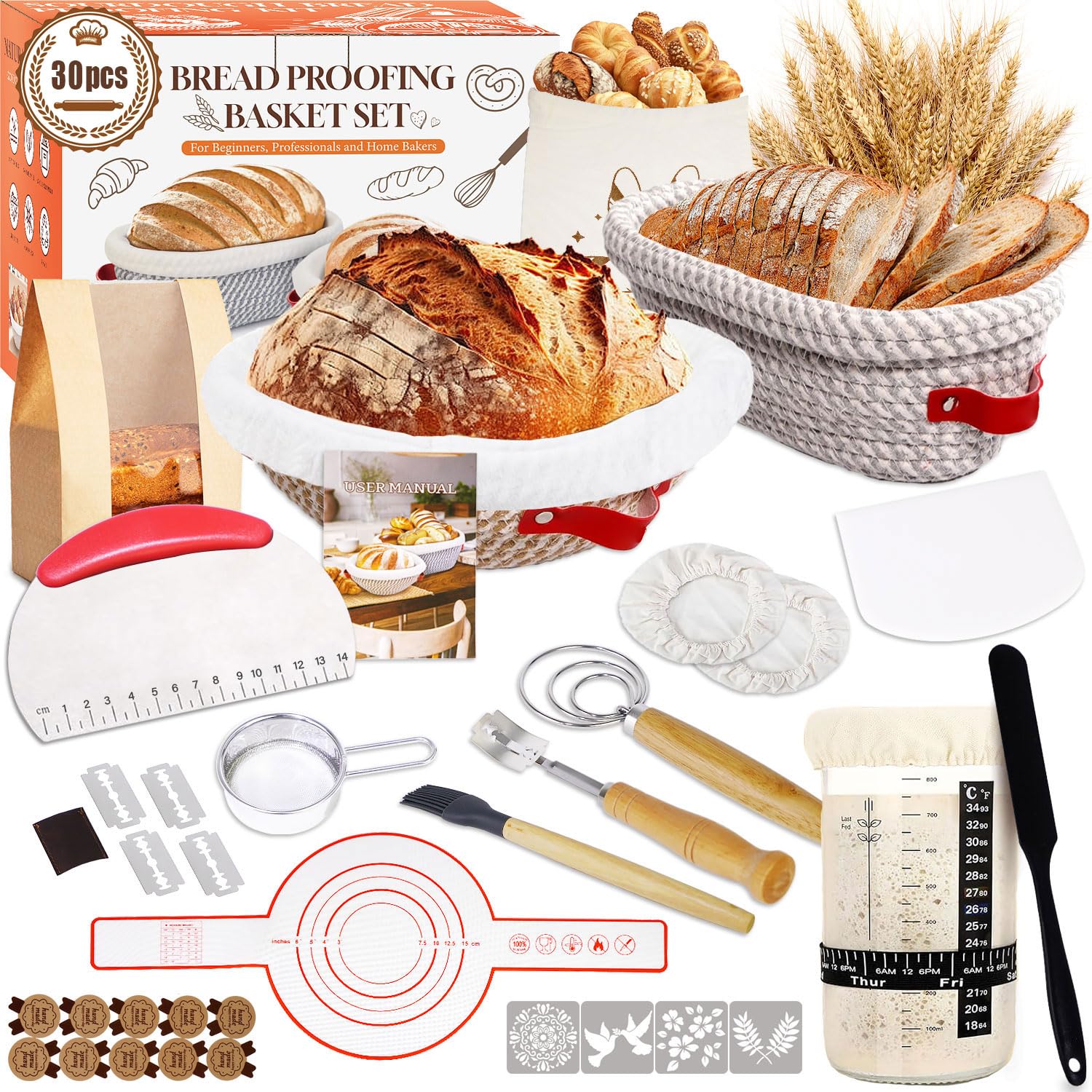 Photo 1 of Sourdough Starter Kit, Sourdough Bread Baking Supplies, Cotton Rope Banneton Bread Proofing Basket Set with Sourdough Starter Jar for Bread Making Baking, Sour Dough Kit Tools Gifts for Bakers Women