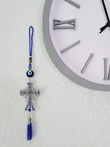 Miniatura 4 de LUCKBOOSTIUM Adorno colgante con dije de cruz con centro de mal de ojo y cristal azul y borlas, letrero para buena suerte, salud y protección