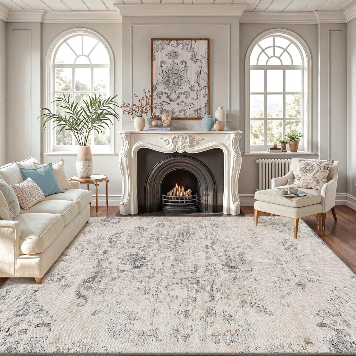 LUMI 8x10 Washable Area Rug for Living Room, Ultra Soft Vintage Rugs with TPE Non Slip Backing, Stain Resistant, Low Profile Carpet High Traffic for