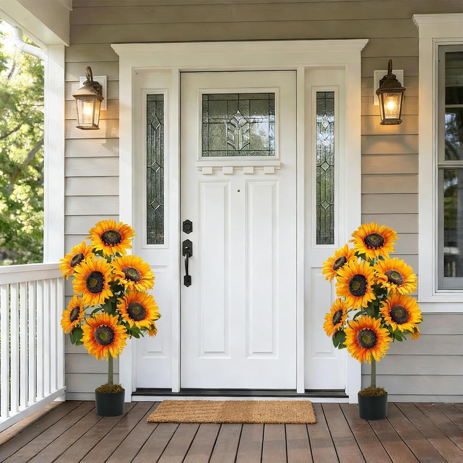 Zythrem 2Pcs Sunflowers Artificial Flowers Large Faux Potted Plants 3FT Realistic Fake Sunflower in Pot Artificial Flower Tree for Outside Front Door Porch Home Bedroom Decor