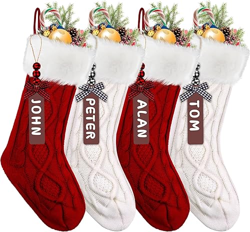XIMISHOP Paquete de 4 medias de Navidad, 18 pulgadas, grandes, de punto trenzado, decoraciones de medias colgantes con etiquetas de nombre para