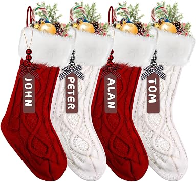 XIMISHOP 4PACK Christmas Stockings,18Inches Large Cable Knitted Stocking Personalized Xmas Hanging Stocking Decorations with Name Tags for Holiday Christmas Party Family DecorRed White