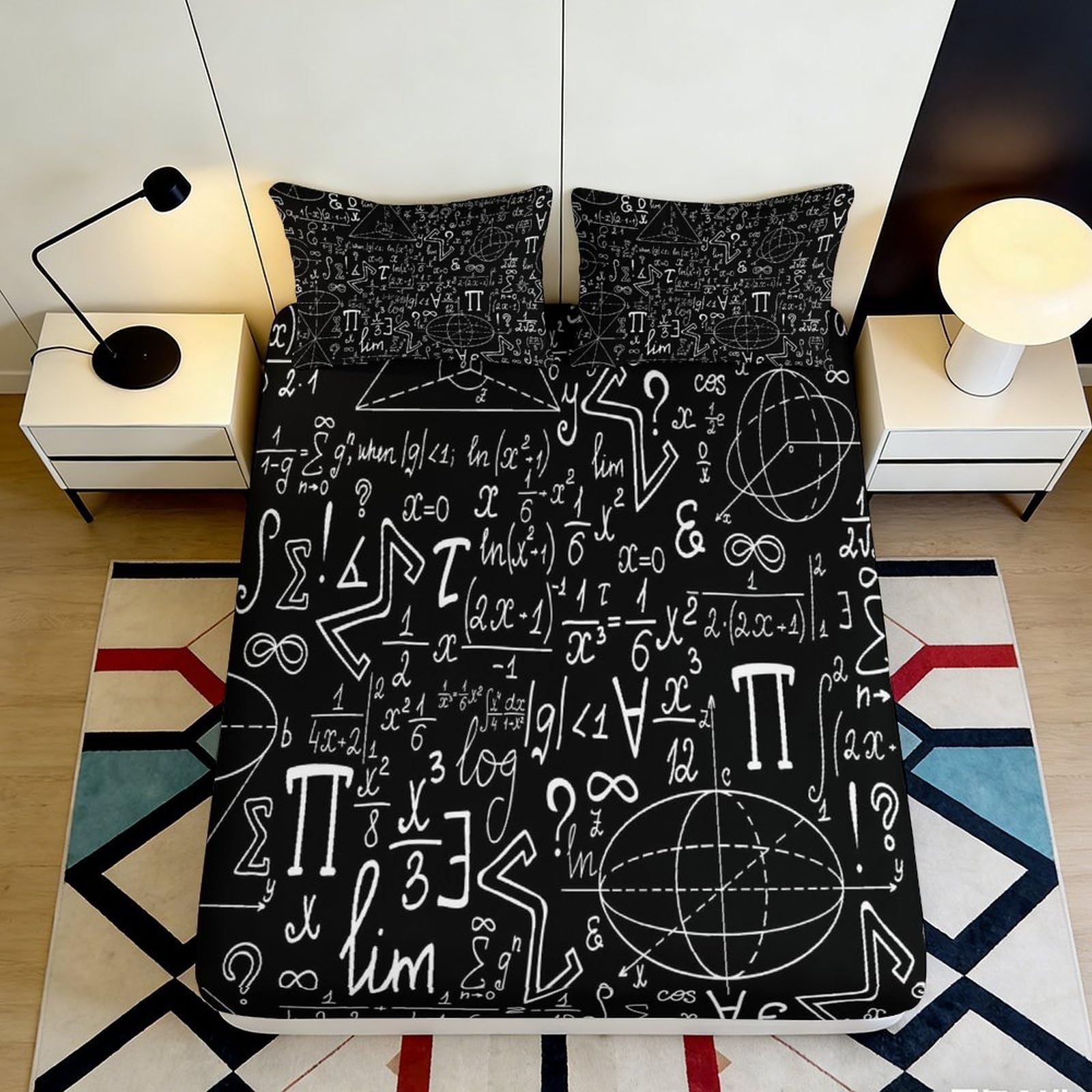 3D Printed Math Formula Fitted Sheet Microfiber Black Science Equation Bed Cover for Bedroom Dorm Mattress Decor 90x200x25cm