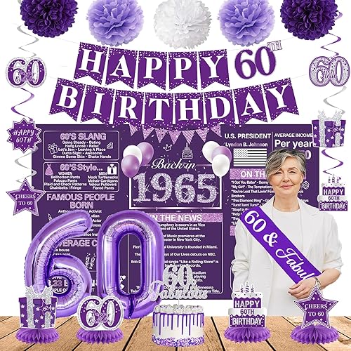 Crenics Decoraciones moradas de 60 cumpleaños para mujer, telón de fondo, pancarta, espirales, panales, bandas, pompones de papel y globos para