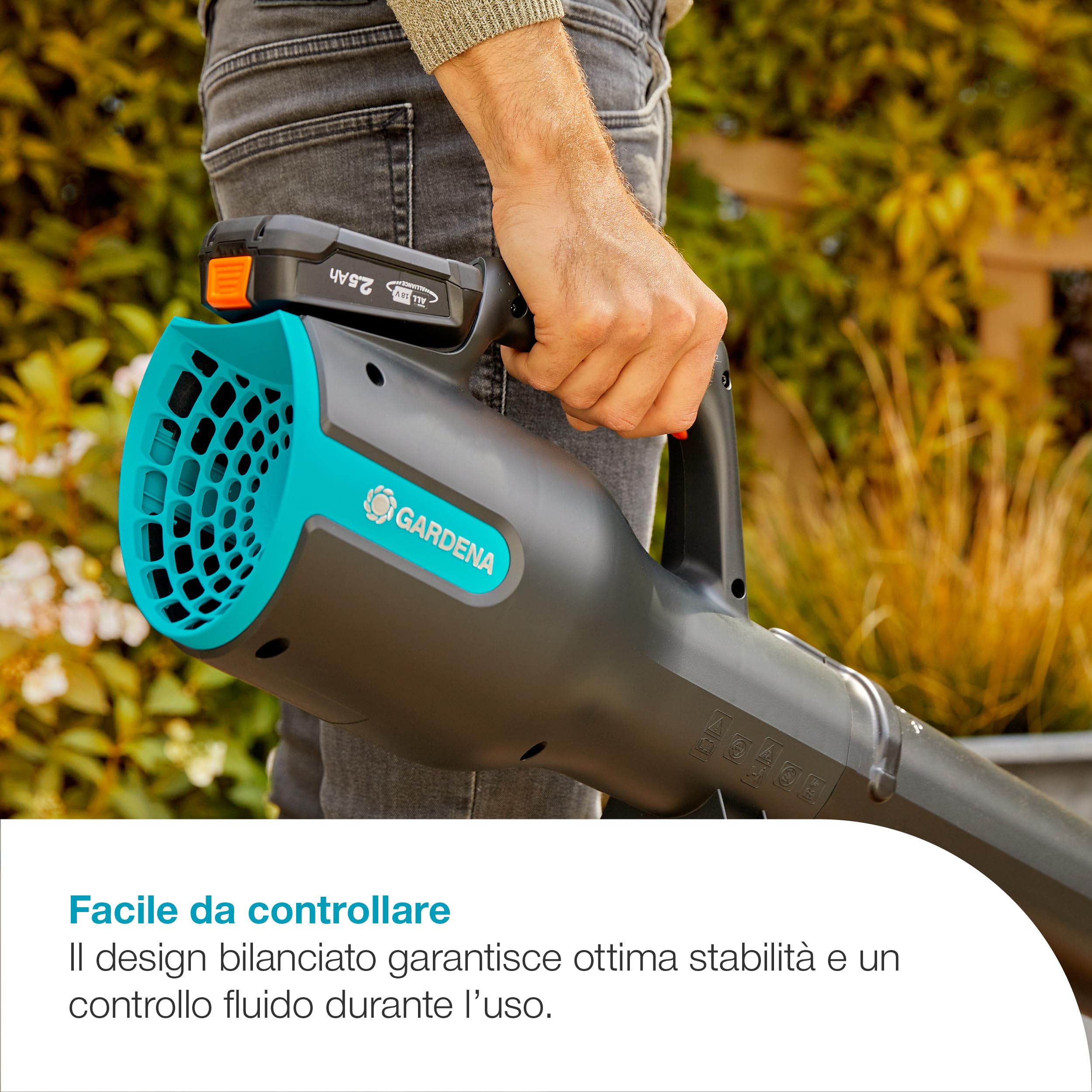 Gardena Soffiatore A Batteria PowerJet 18V P4A Solo: Rimozione delle foglie, Velocità regolabile, Elevato flusso d'aria, Leggero, Senza fili (14890-55)