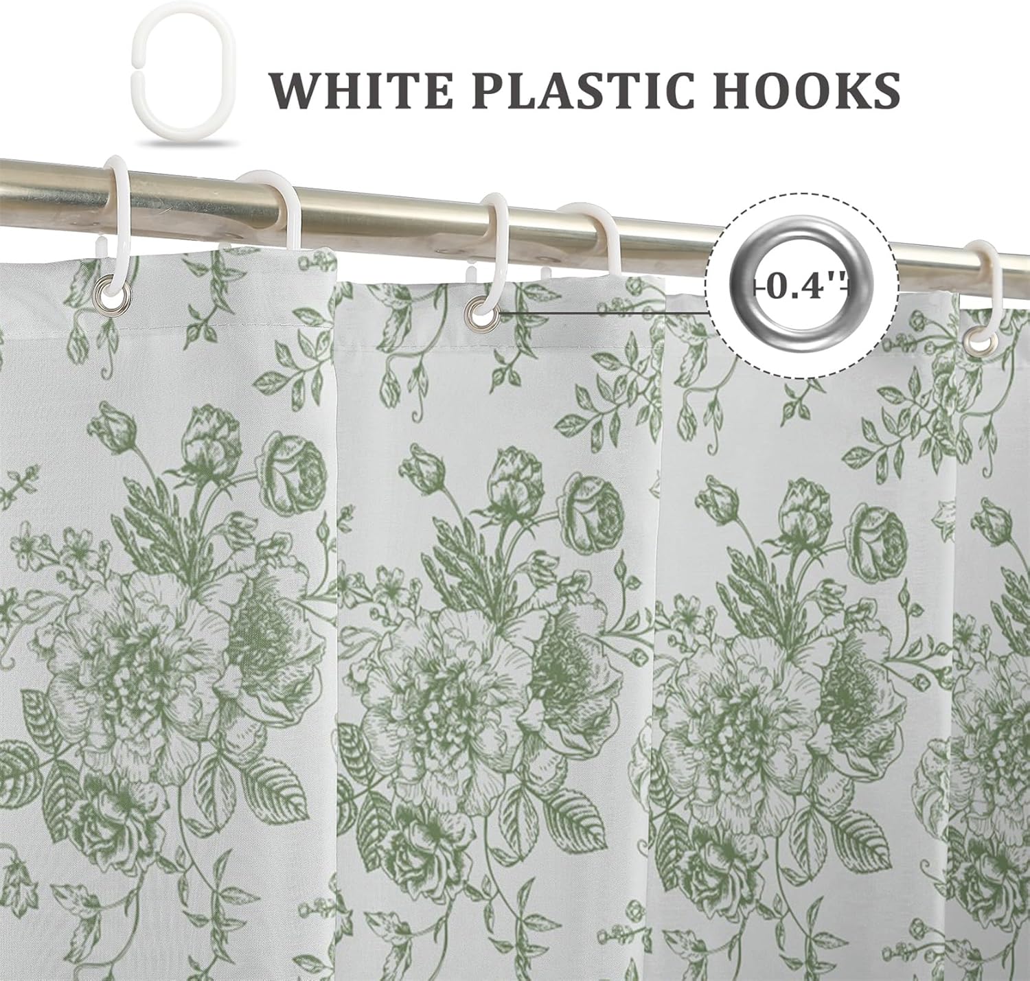 Watercolor Floral Shower Curtain, Sage Green Flower Modern Minimalist Waterproof Fabric Bath Curtain for Bathroom with Hooks, 70x96 Inch