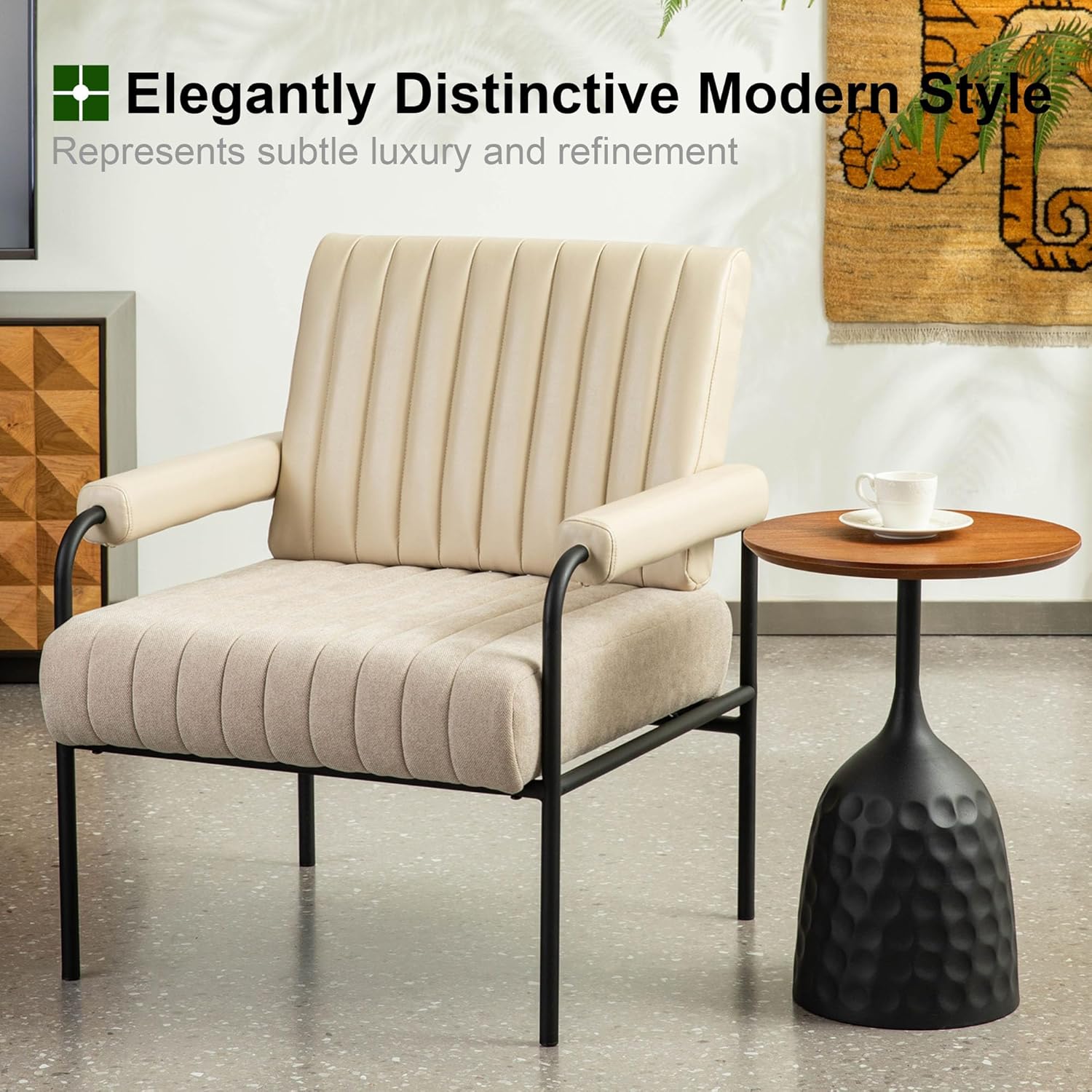 Glitzhome Living Room Chair, Mid Century Modern Comfy Arm Chair Padded Armrest Reading Chair, Ergonomic Accent Chair with PU Backrest and Fabric Seat, Cream