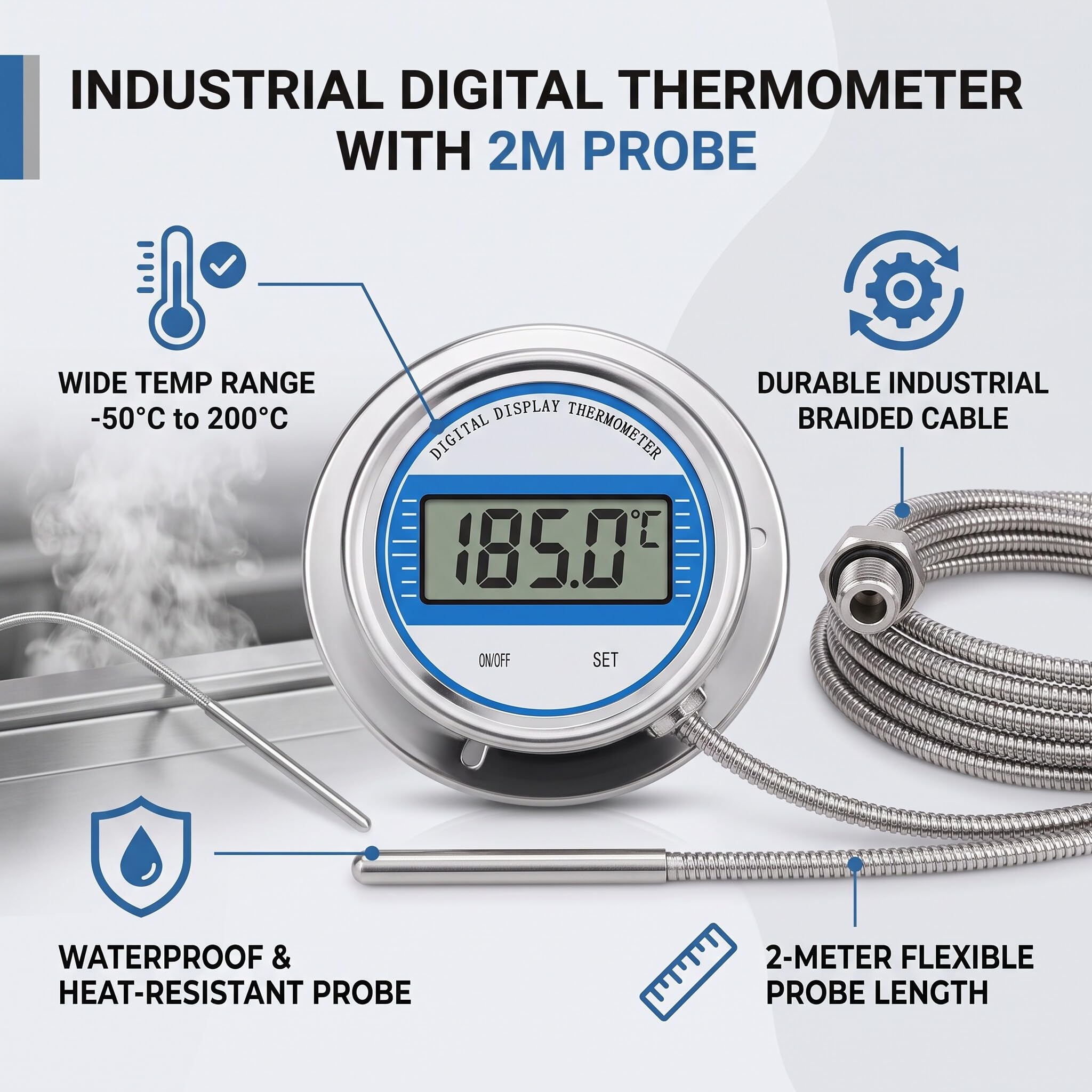 Digitales Thermometer mit 2M-Gewindesonde, Edelstahl-Temperaturmessgerät für den Industriellen Einsatz von Kochherdrohren -50 Bis 200 ℃