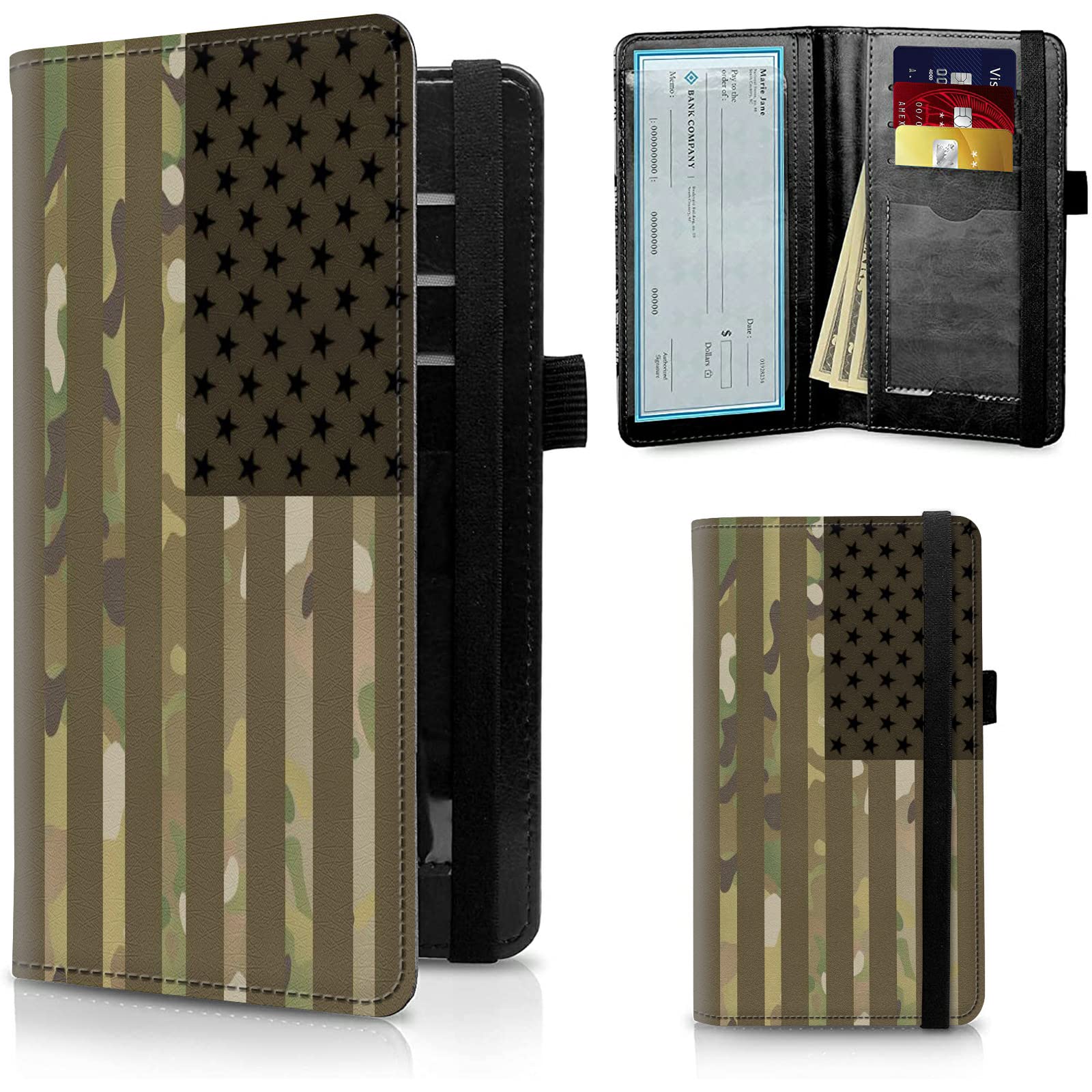 FUYOCWE Leather Checkbook Covers for Men Women Check book Holder Cover Wallets for Personal Checkbook Duplicate Checks with RFID Blocking &amp; Elastic Strap-USA Flag Camouflage