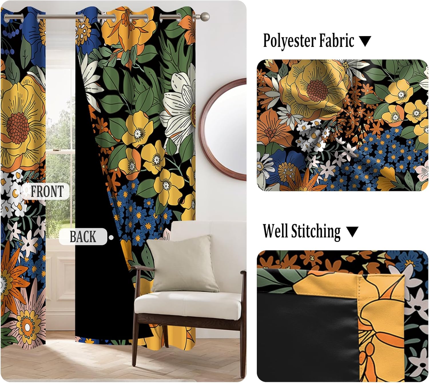 Renaiss Boho Colorful Floral Blackout Curtains for Bedroom Mid Century Bohemian Flower Print Morden Abstract Botanical Thermal Insulated Drapes for Living Room Decor 2 Panels Set, 42x63 Inch