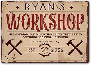 Personalised Any Name METAL Workshop Plaque Sign. Home Tool Shed Man Cave Garage. Rusty Handyman Mend DIY. Gift Idea for Dad, Grandad, Son (A4 (283mm x 197mm))