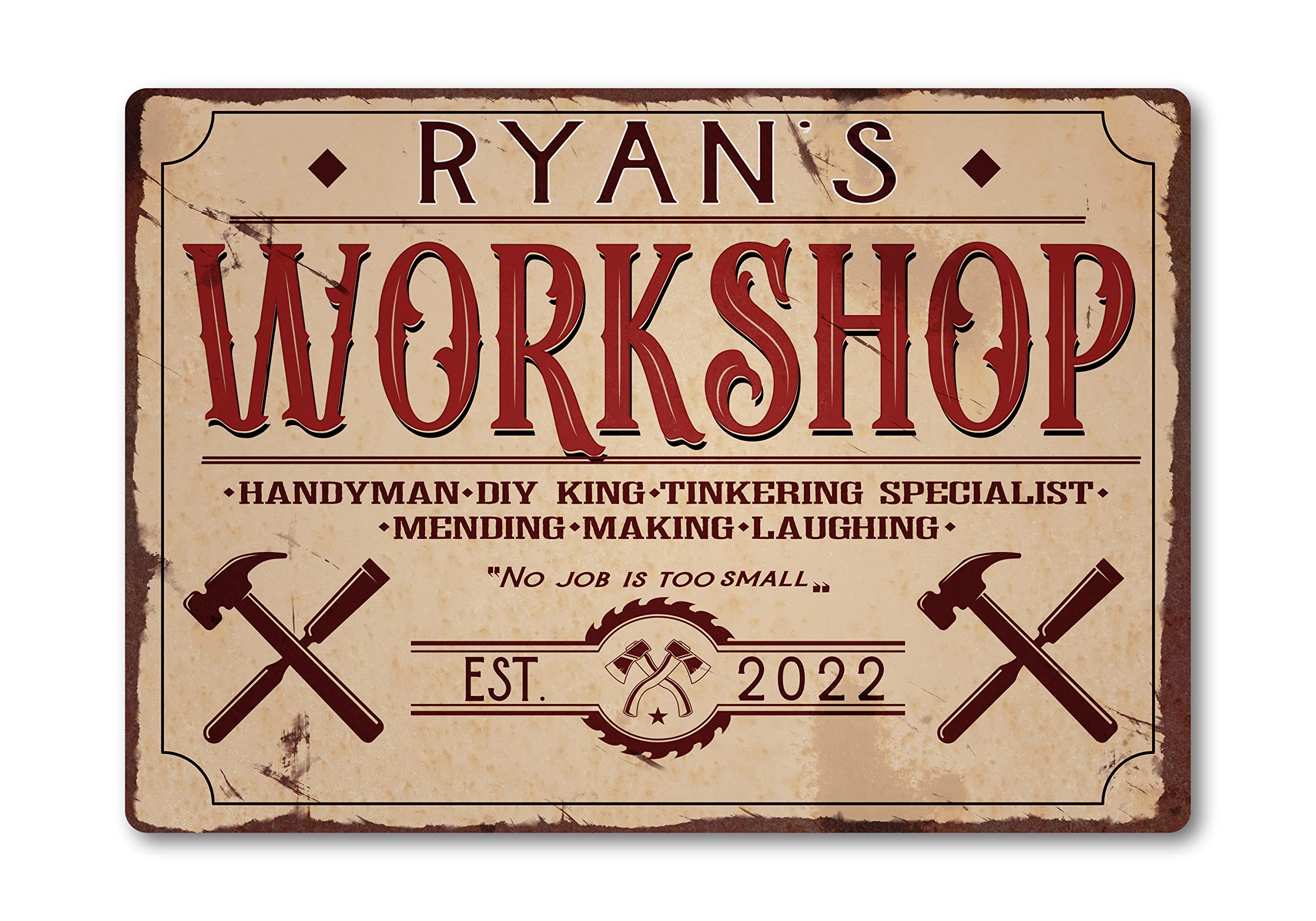Personalised Any Name METAL Workshop Plaque Sign. Home Tool Shed Man Cave Garage. Rusty Handyman Mend DIY. Gift Idea for Dad, Grandad, Son (A3 (405mm x 287mm))