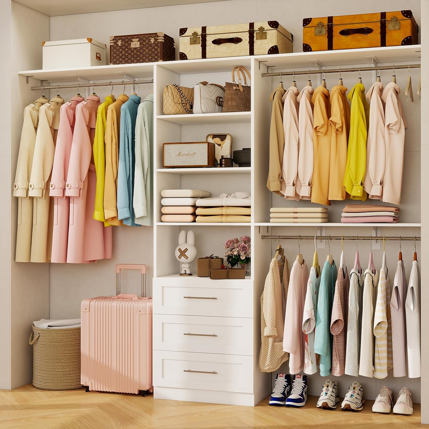 Closet System with Drawers, 5FT-8FT Closet Organizer System with 3 Side Top Shelves(Cuttable) & 3 Expandable Hanging Rods, 96" Walk in Closet Storage Shelving System, Walk in Closet System, White