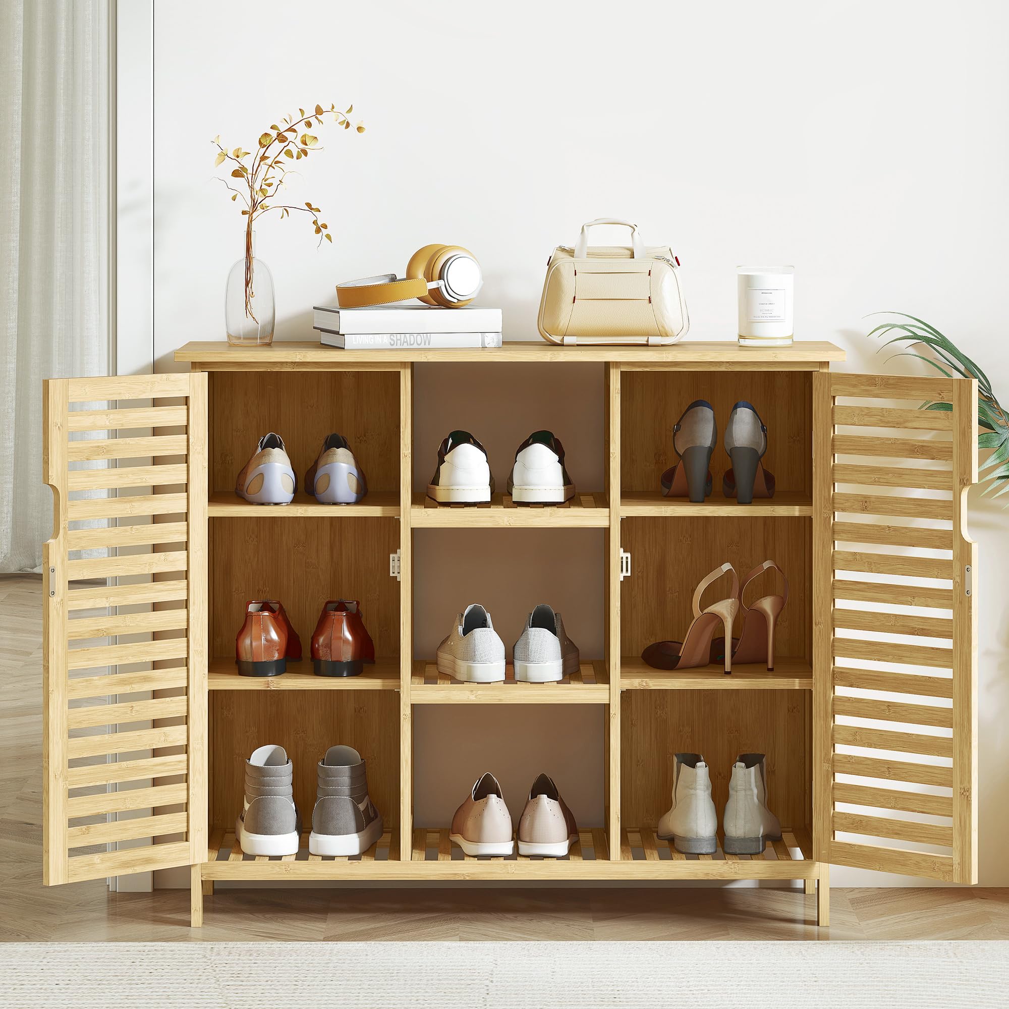 Armario de Almacenaje de Bambú 2 Puertas de Lamas 100x33x86 cm Natural | HOMCOM, Mueble Recibidor con Estantes y Compartimentos Abiertos, para Salón, Entrada