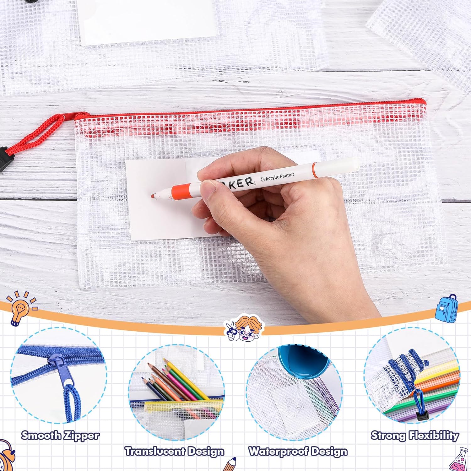 Handepo 100 Pcs A6 Mesh Zipper Pouch Bags with Label Pocket 9.45x4.53 Inch Waterproof Small Zipper File Bags Bulk Color Pencil Document Multipurpose Pouches for Office Travel Puzzles Games Organizing