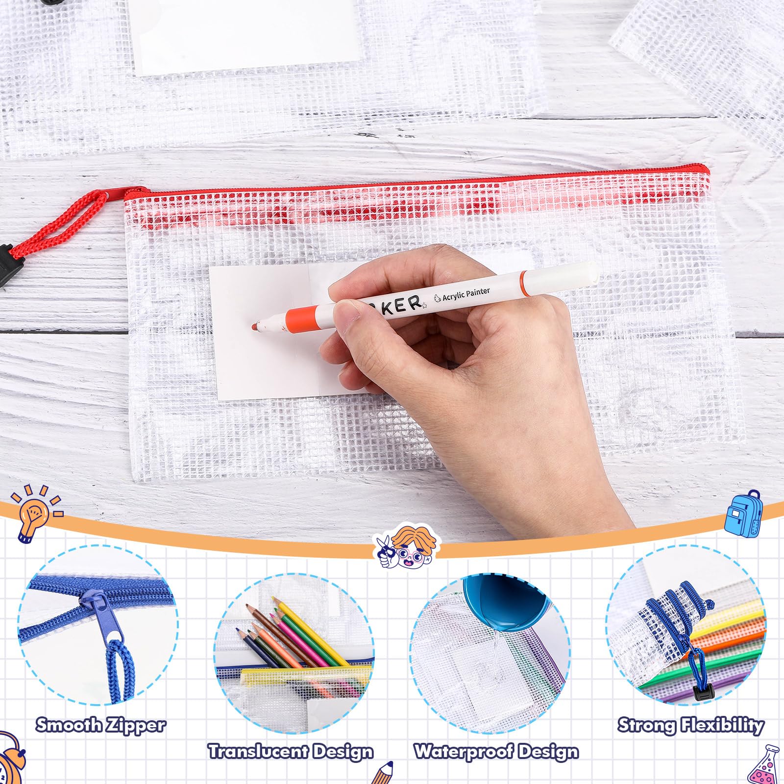 Handepo 100 sacchetti A6 in rete con cerniera, con tasca per etichette, 24 x 11,4 cm, impermeabili, piccole borse per documenti e matite colorate, multiuso, per ufficio, viaggi, puzzle, giochi