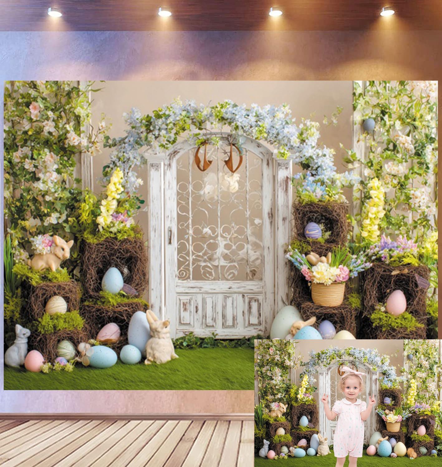 6 x 3 m tło drzwi wielkanocnych w stylu vintage, pastelowy łuk kwiatowy, białe drzwi, tło fotograficzne, wystawy gniazda i rekwizyty zajączków, rustykalne studio fotograficzne, rekwizyty