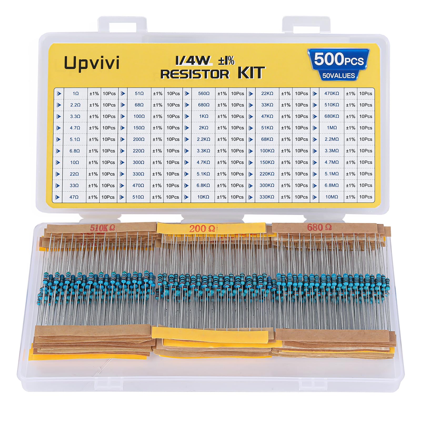 Resistor Assortment Kit - 500pcs, 50 Values, 1/4W, 1 to 10M, 1% Metal Film Resistors