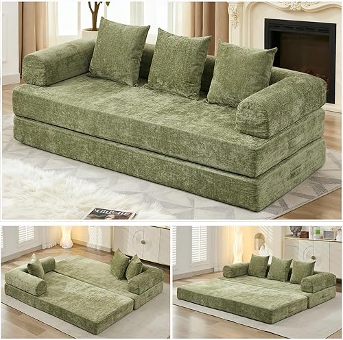 Miniatura 13 de Sofá cama convertible 4 en 1 de 79 pulgadas, sofás sin hueso, cama plegable de chenilla con cama extraíble, futón de suelo, sofá biplaza modular,