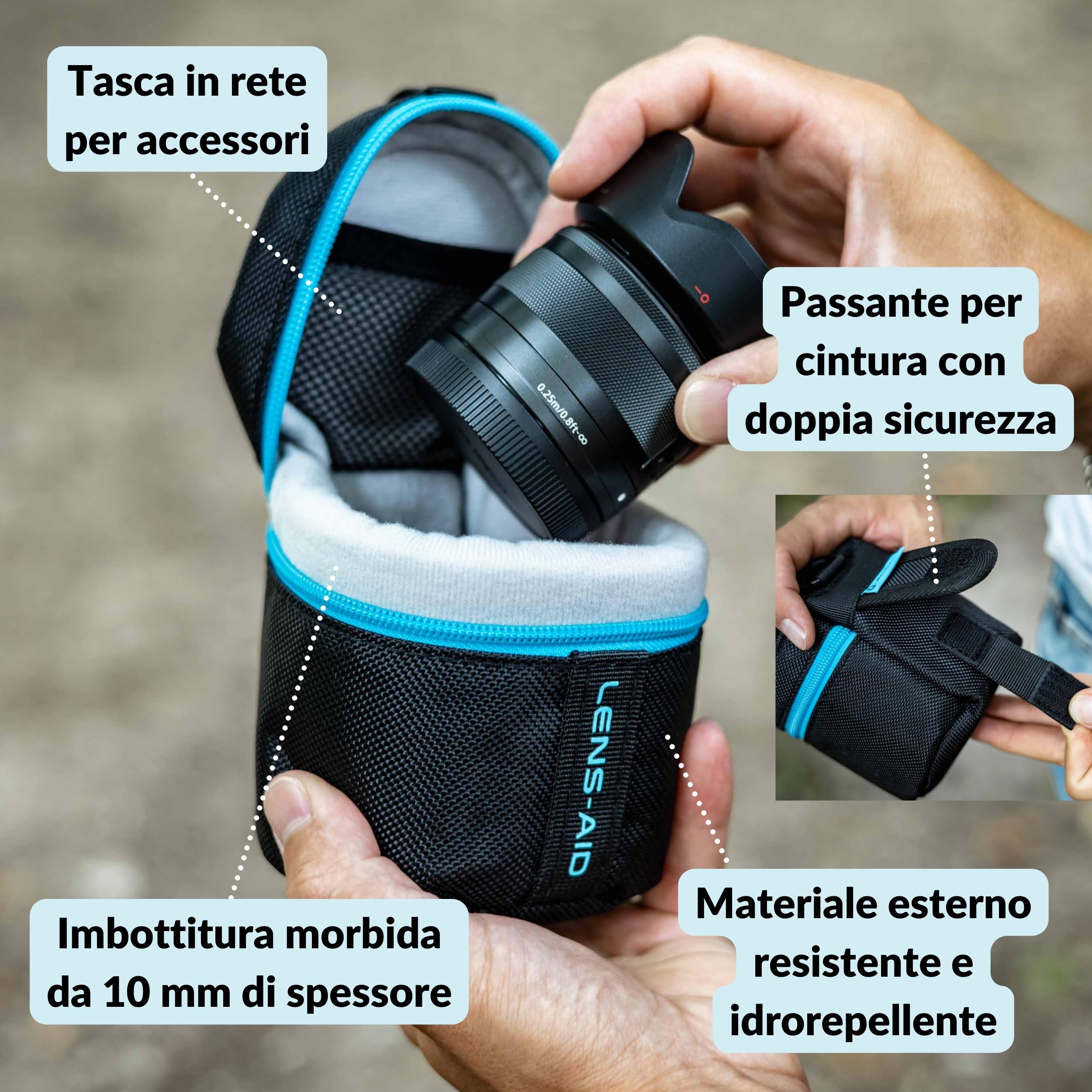 LENS-AID Custodia Obiettivo Imbottita con Zip – Borsa Protettiva, Protezione Totale per Obiettivi DSLR e Mirrorless, Nero, XL (11 x 25 cm)