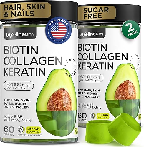 Gomitas de biotina y péptido de colágeno para el crecimiento del cabello, la piel y las uñas, 120 unidades (paquete de 2)  82000 Mcg  Masticables de