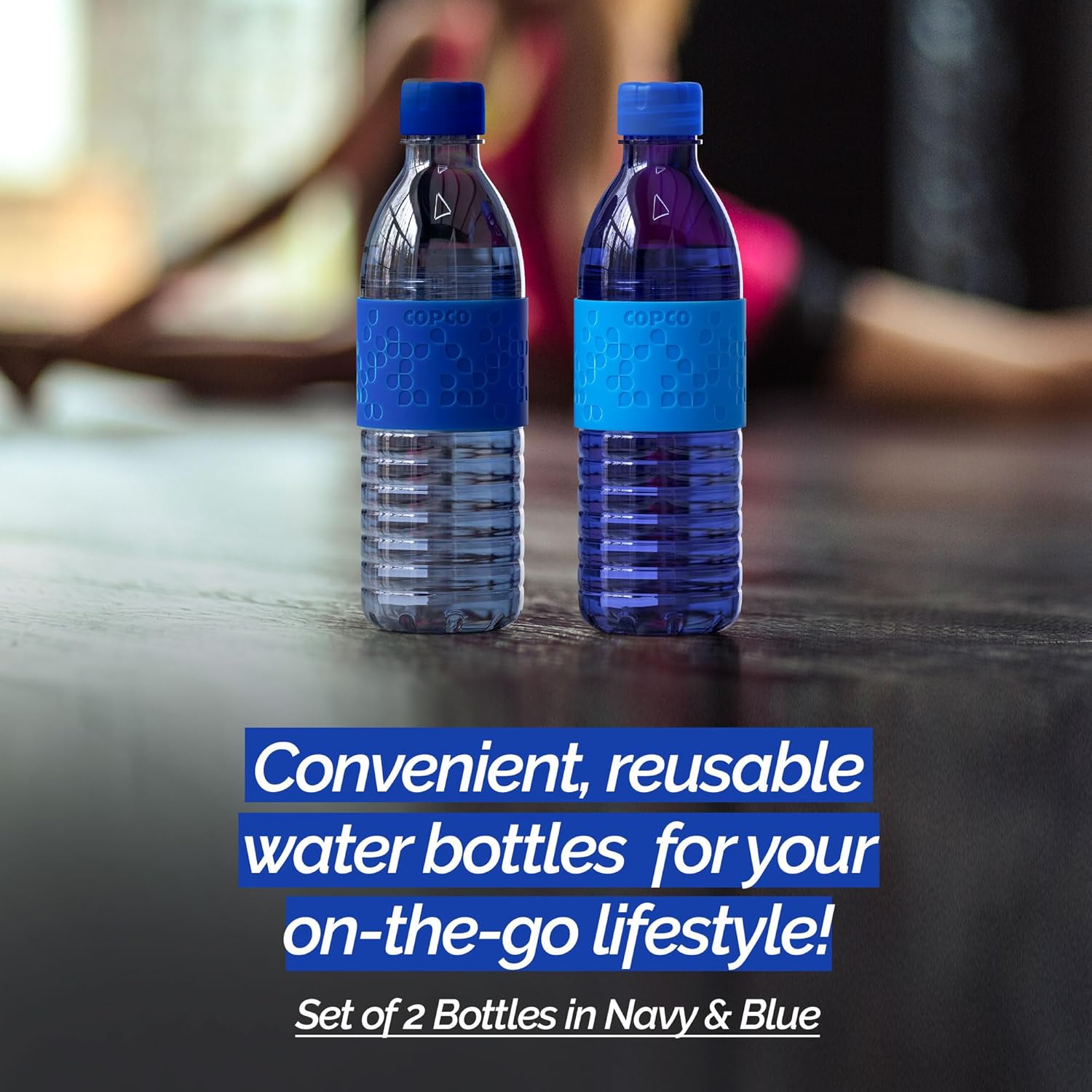 Copco Hydra 16.9 oz Water Bottle, Set of 2 – Leak Proof, BPA Free Tritan, Dishwasher Safe, Twist-Open Body, Non-Slip Silicone Grip, Ideal for Travel, Gym, and Daily Use (Navy & Blue)