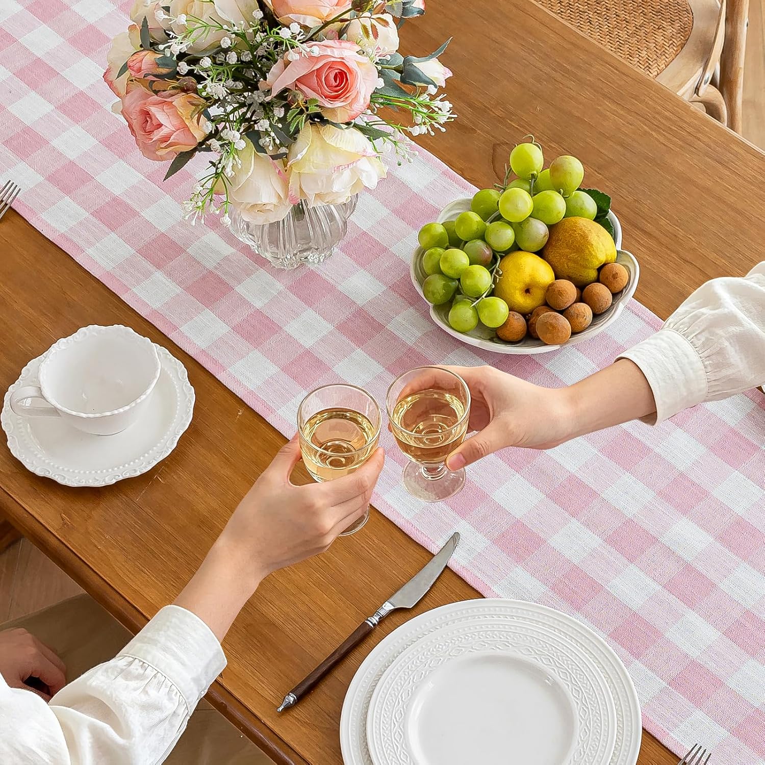 Alsoo Spring Pink Gingham Table Runner 13 x 108 inches Long, Cotton Linen Farmhouse Checkered Kitchen Dining Table Decor for Home Party, Wrinkle Free