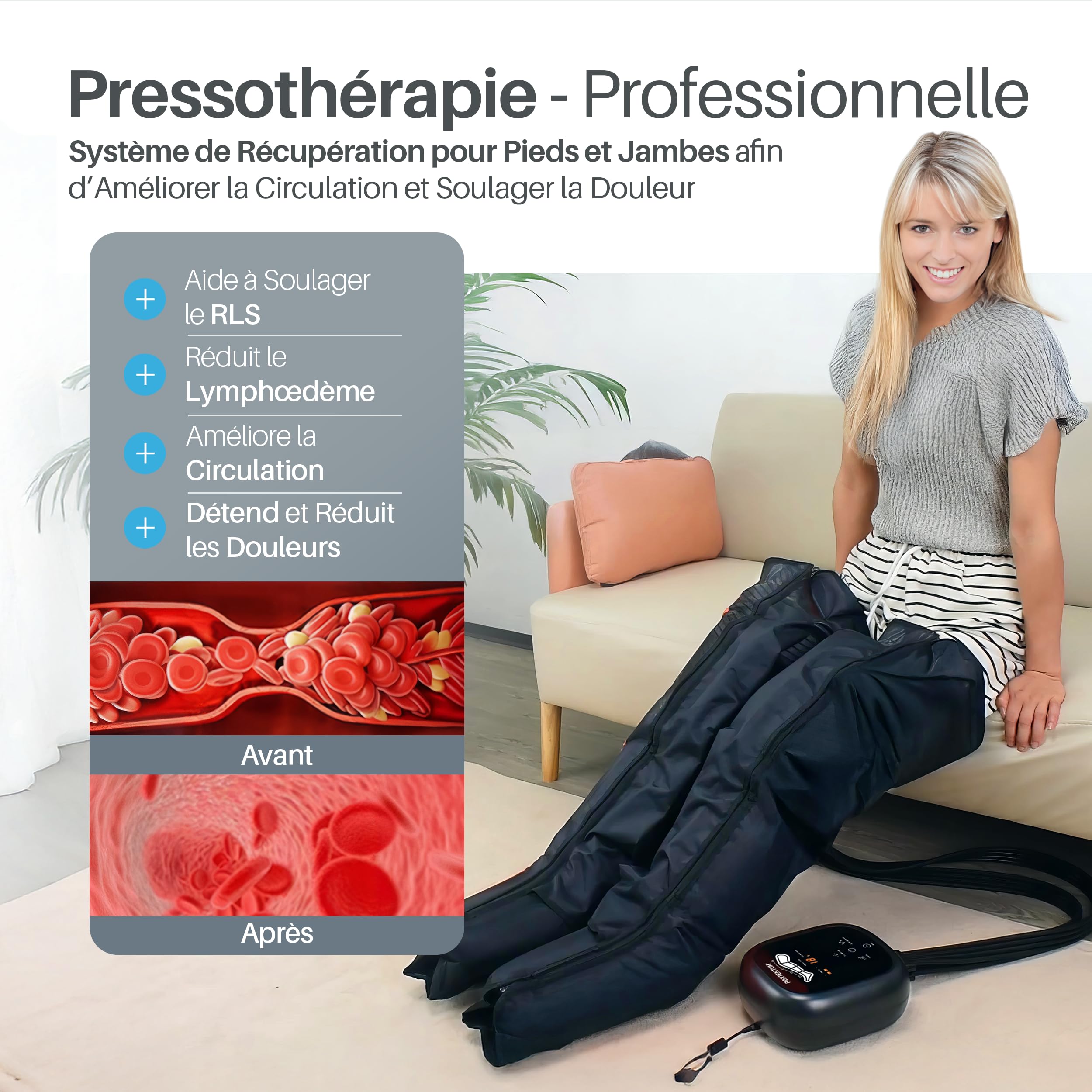 PORTENTUM bottes pressothérapie jambes avec batterie – 8 modes et 3 intensités – USB-C – Télécommande écran LCD – Avec accessoires pour bras et ceinture – Drainage lymphatique jambes – Sac inclus