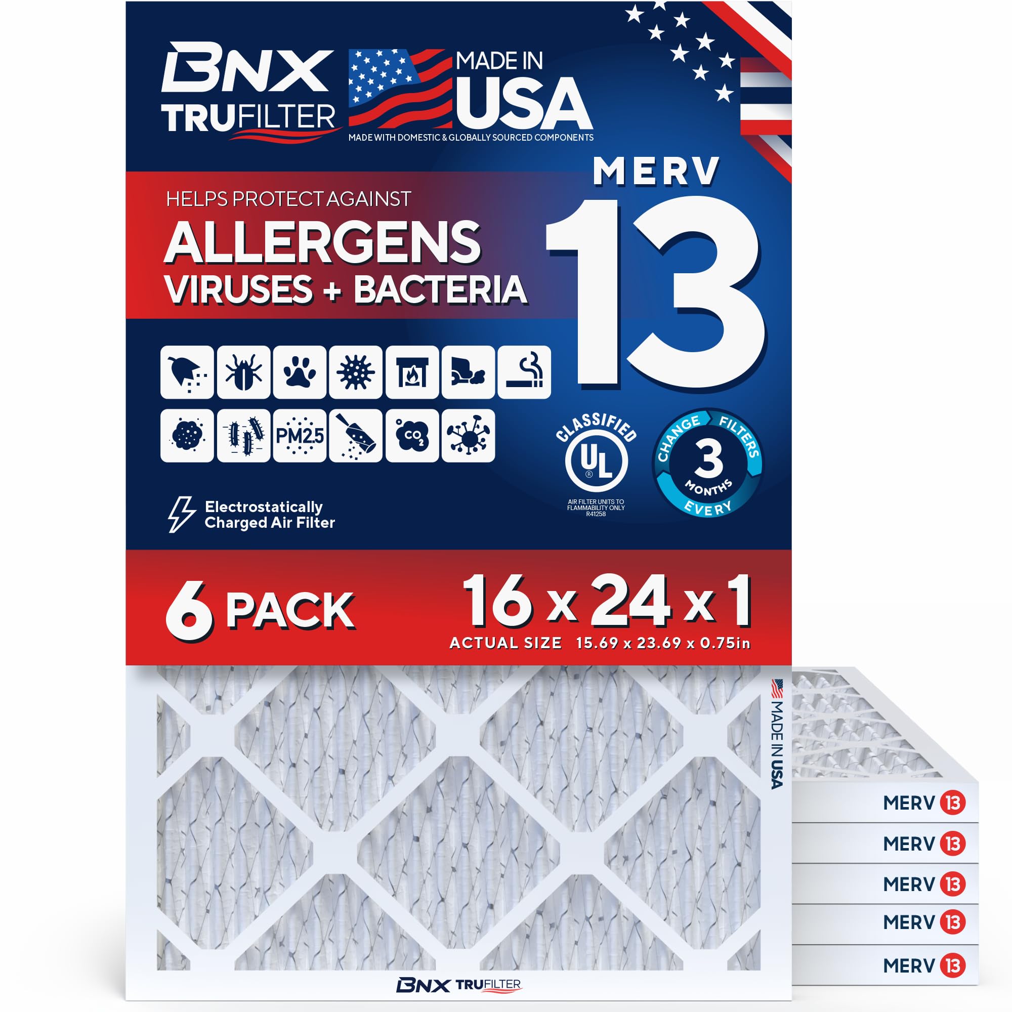 BNX TruFilter 16x24x1 Air Filter MERV 13 AC Filter, HVAC Furnace Filter, 6 Pack (ACTUAL SIZE 15.69"x23.69"x0.75") Allergies, Dust, Pet Dander & Smoke - MADE IN USA - MPR1500 / FPR 10