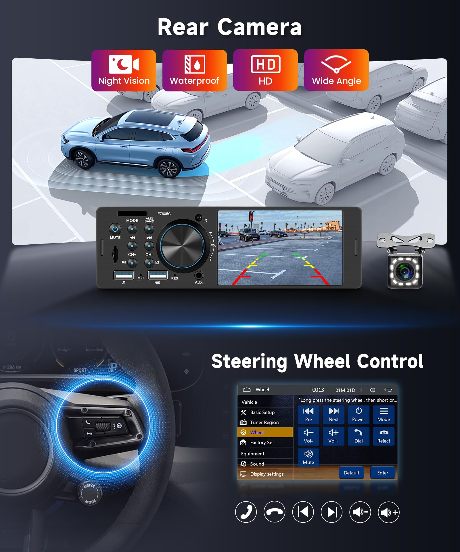 Hodozzy 1 Din Autoradio mit 4 Zoll Bildschirm mit Carplay Android Auto,Unterstützt Bluetooth 5.2, FM-Radio, Schnellladung, USB/TF/AUX Mirror link EQ SWC, Rückfahrkamera