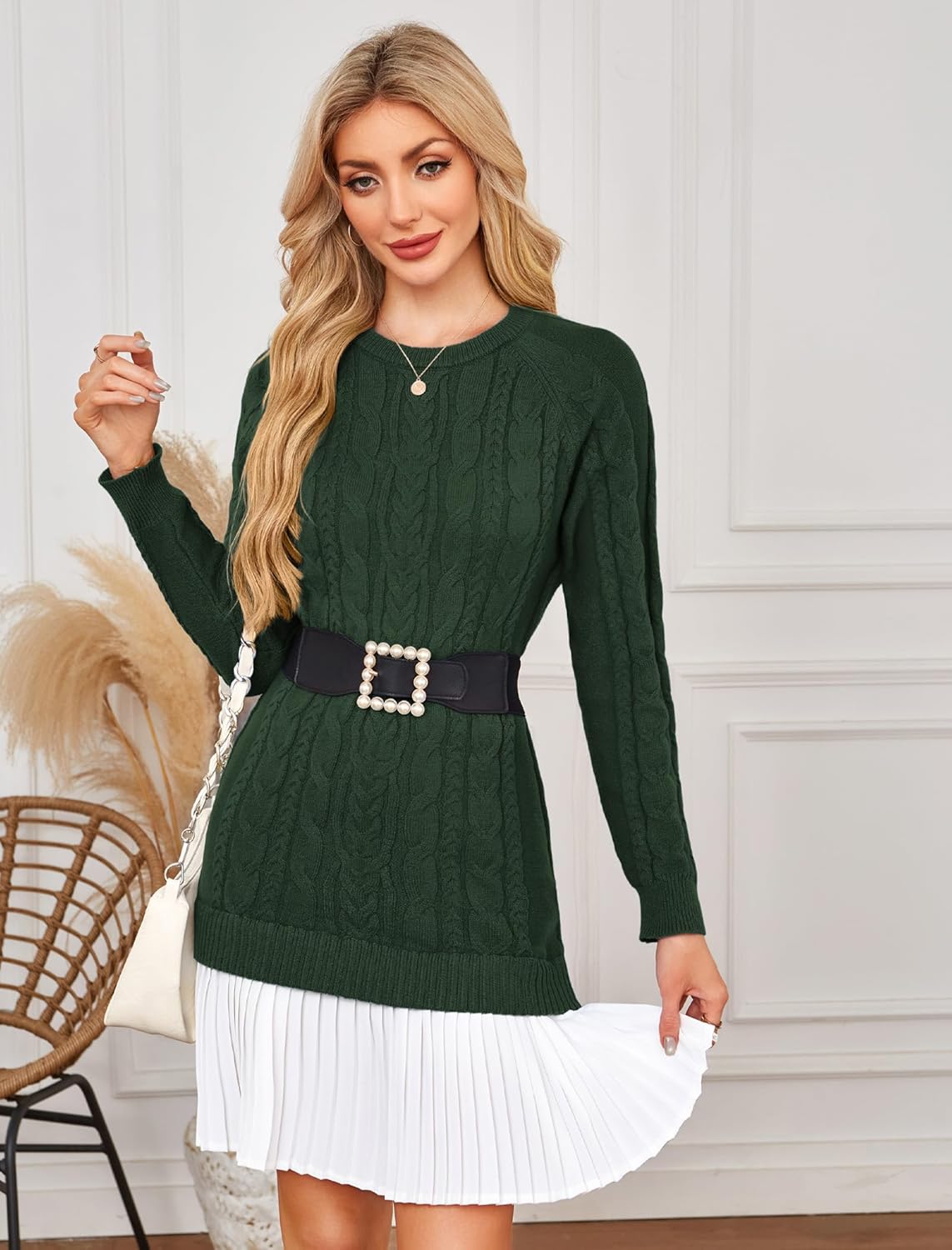 Angashion Women's Cable Knit Sweater Dress: Crewneck Long Sleeve Fall Winter Mini Sweater Dress