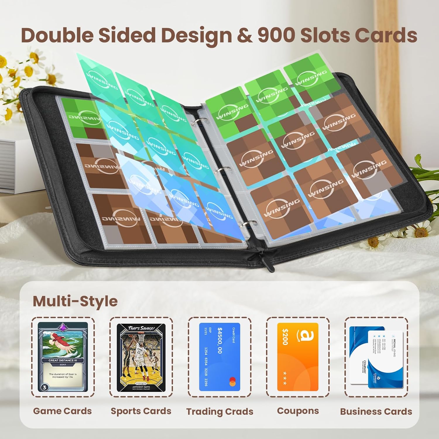 Trading Card Binder 9 Pocket, Holder 900 Pockets with 50 Removable Sleeves, Cards Binder Carrying Case Storage for Boys and Girls, 3 Ring Album Book for Sports,Game and Photo,Deep Green