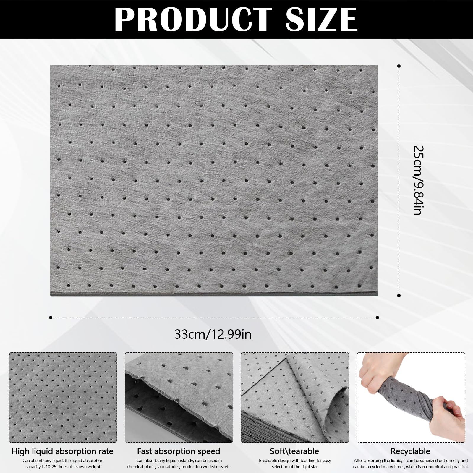 100 Almohadillas Absorbentes de Aceite Universales, 25 X 33 cm Paños Absorbentes de Aceite, Alfombrillas Absorbentes de Aceite para Derrames de Aceite y Líquidos a Case de Agua, para Taller, Máquinas