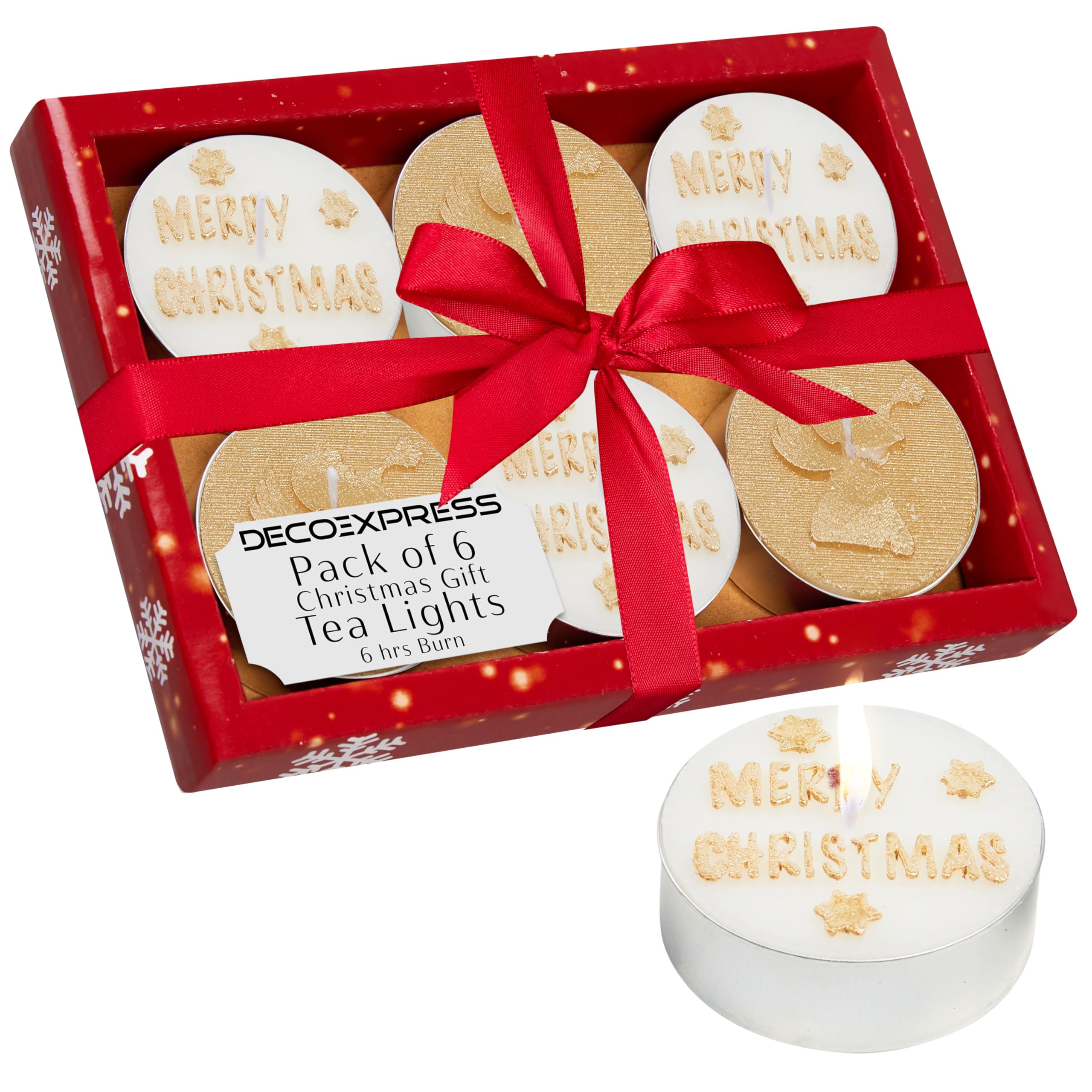 DECO EXPRESS Pack Velas de Te, Set de Velas Sin Aromas, Multipack con Duración de 2,5, 3 o 6 Horas (Blanco/Oro 6 Pack)
