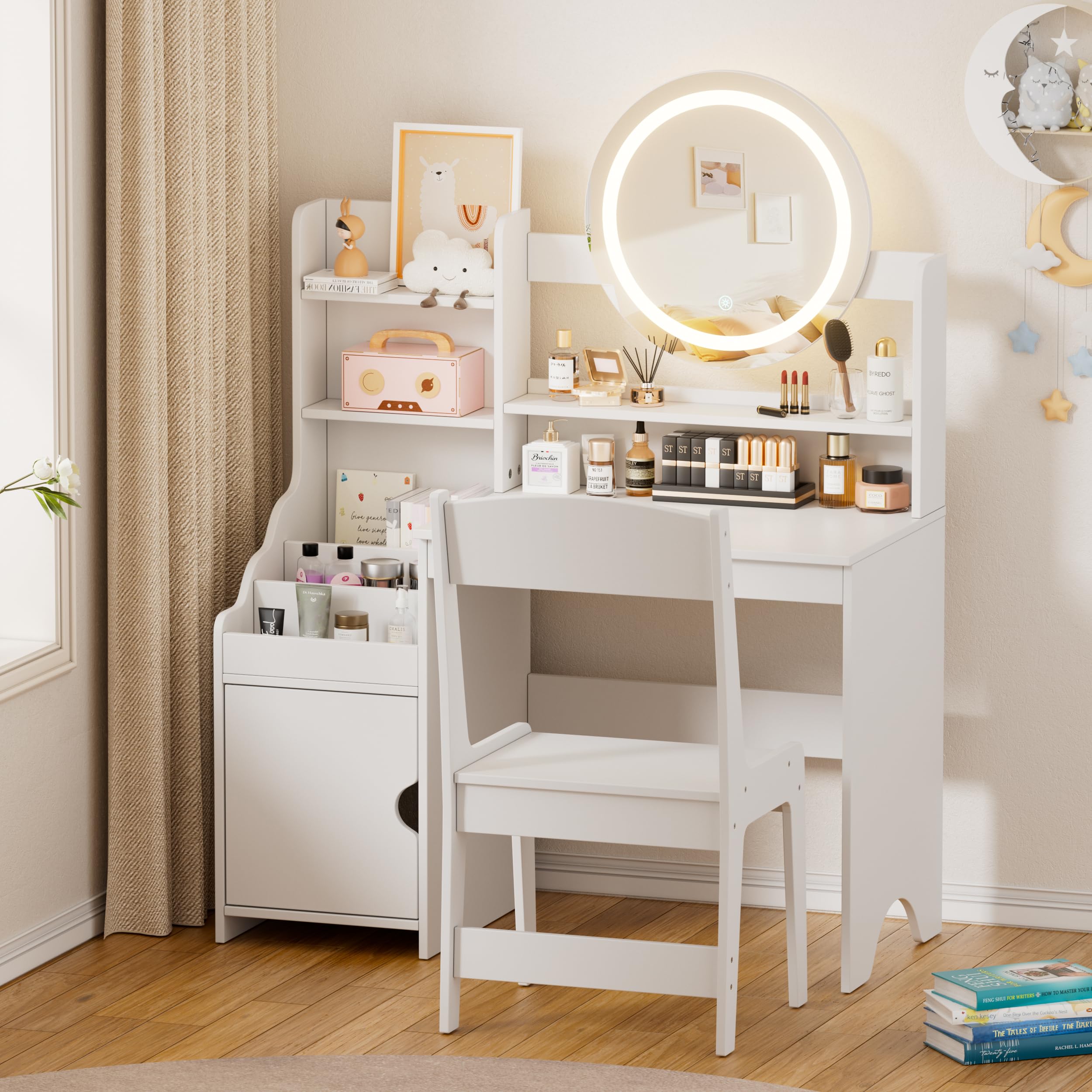 Kids Vanity,Princess Vanity Set with Lighted Mirror,2 in 1 Makeup Vanity with 3-Color Lights,3 Compartments and Storage Cabinet, Vanity Set with Stool for Little Girls,White