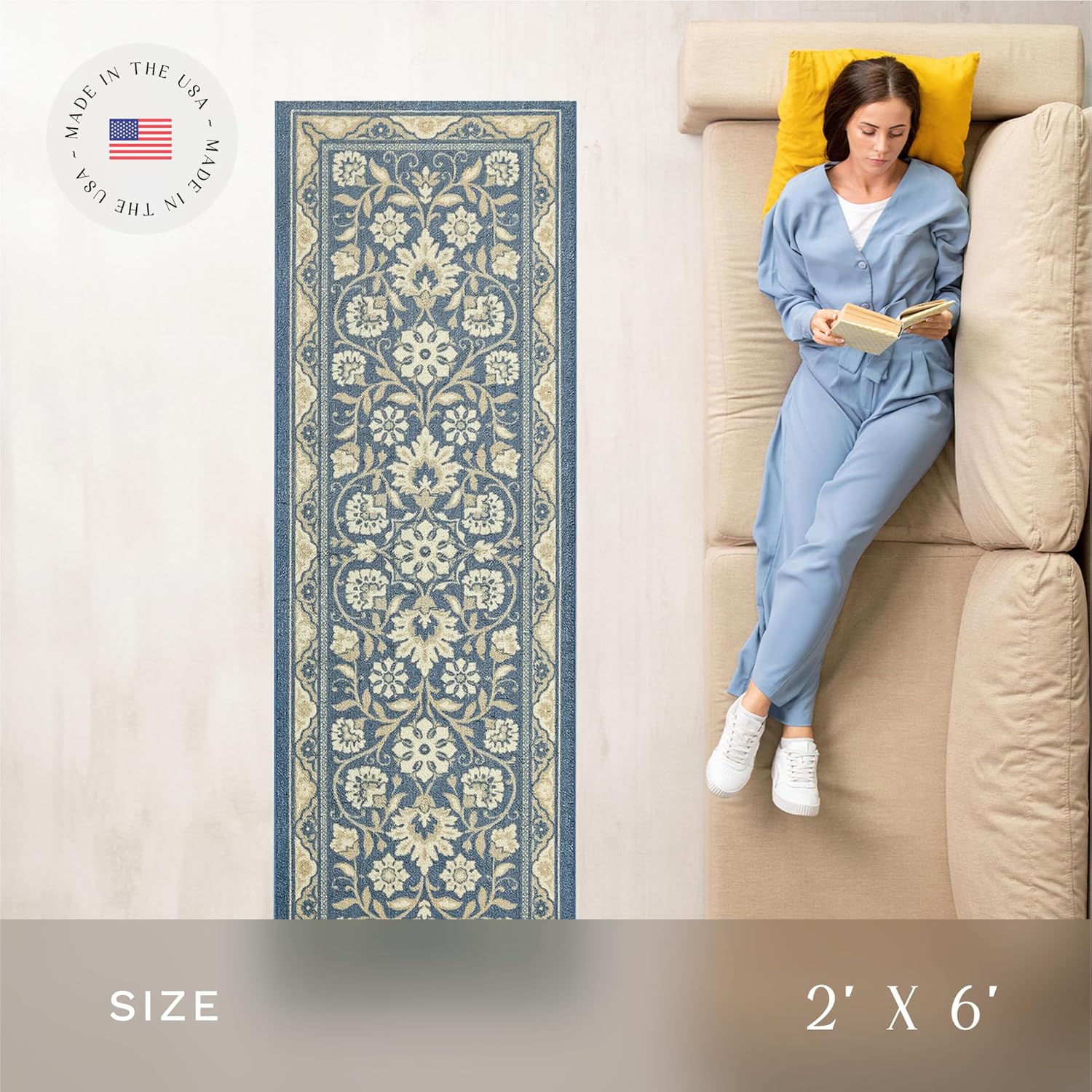 Maples Rugs Florence Runner Rug Non Slip Washable Hallway Entry Carpet [Made in USA], 2 x 6, Blue