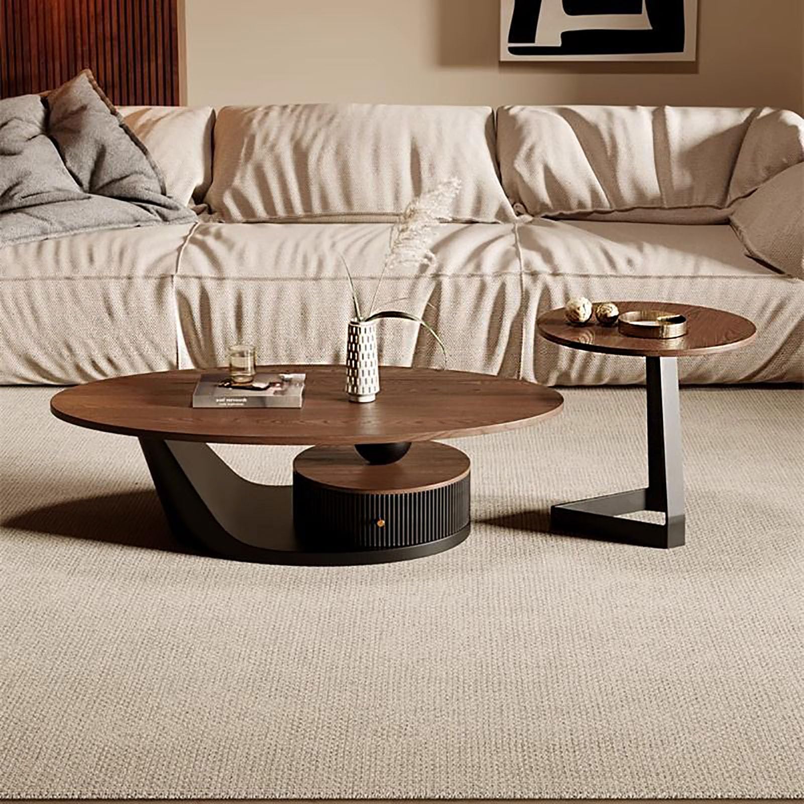 SXZenSpace Wood Nesting Coffee Table,Mid Century Oval Center Table Set of 2 with Side End Metal Frame for Living Room Dining Room,B,100cm(39")+45cm(18")