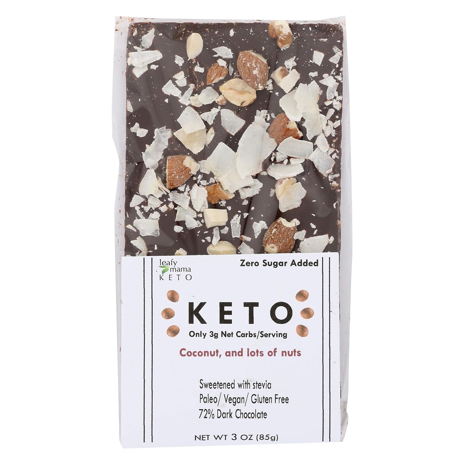 LEAFY MAMA Coconut and Nuts Dark Chocolate Keto Bar, 3 OZ