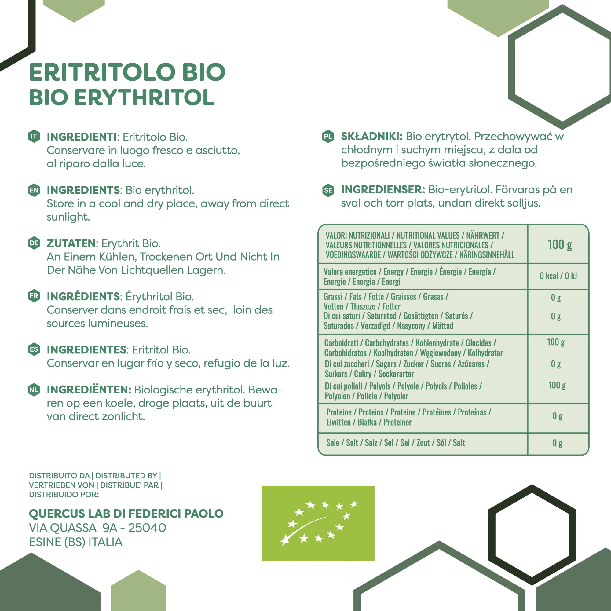 ERBOTECH Eritritolo BIO in Polvere, Busta da 2 Kg, Sostituto Biologico Naturale dello Zucchero con Zero Calorie, Adatto per Diabetici, Vegan, Senza Conservanti e Coloranti