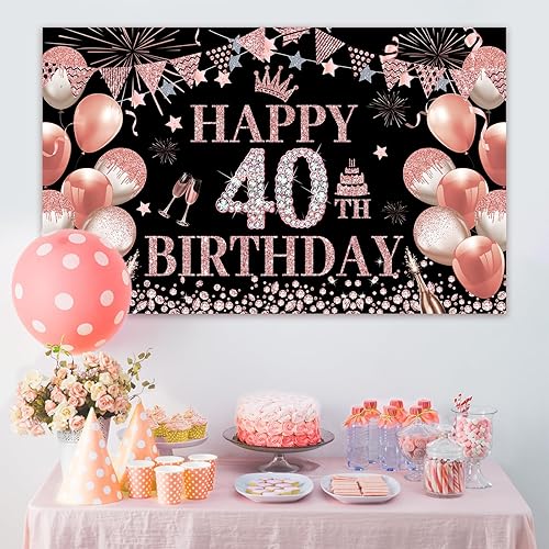 Miniatura 3 de Telón de fondo de cumpleaños número 40, decoración de fondo de cumpleaños de oro rosa para mujer, 5.9 x 3.6 pies, fabuloso cartel de cumpleaños,