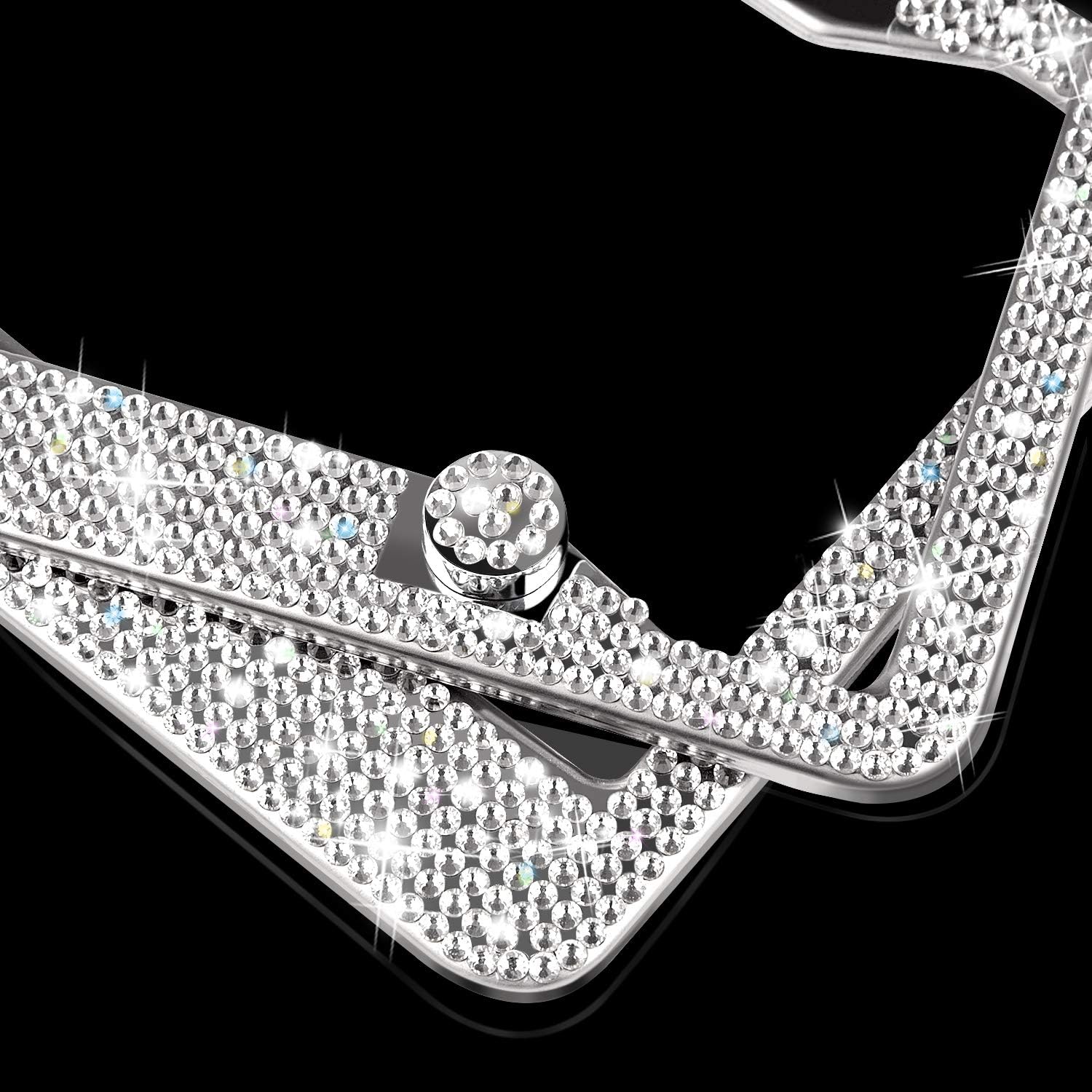 AILUKI Bling License Plate Frame, 2 Pack Bling White Crystal License Plate Frames with 2 Holes Bonus Screw Caps,Car License Plate Covers for US Vehicles/Truck