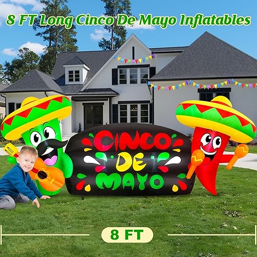 Miniatura 3 de Decoración inflable del Cinco de Mayo de 8 pies de largo para exteriores, cactus que sostiene guitarra y chile sosteniendo Makara con taco sombrero,