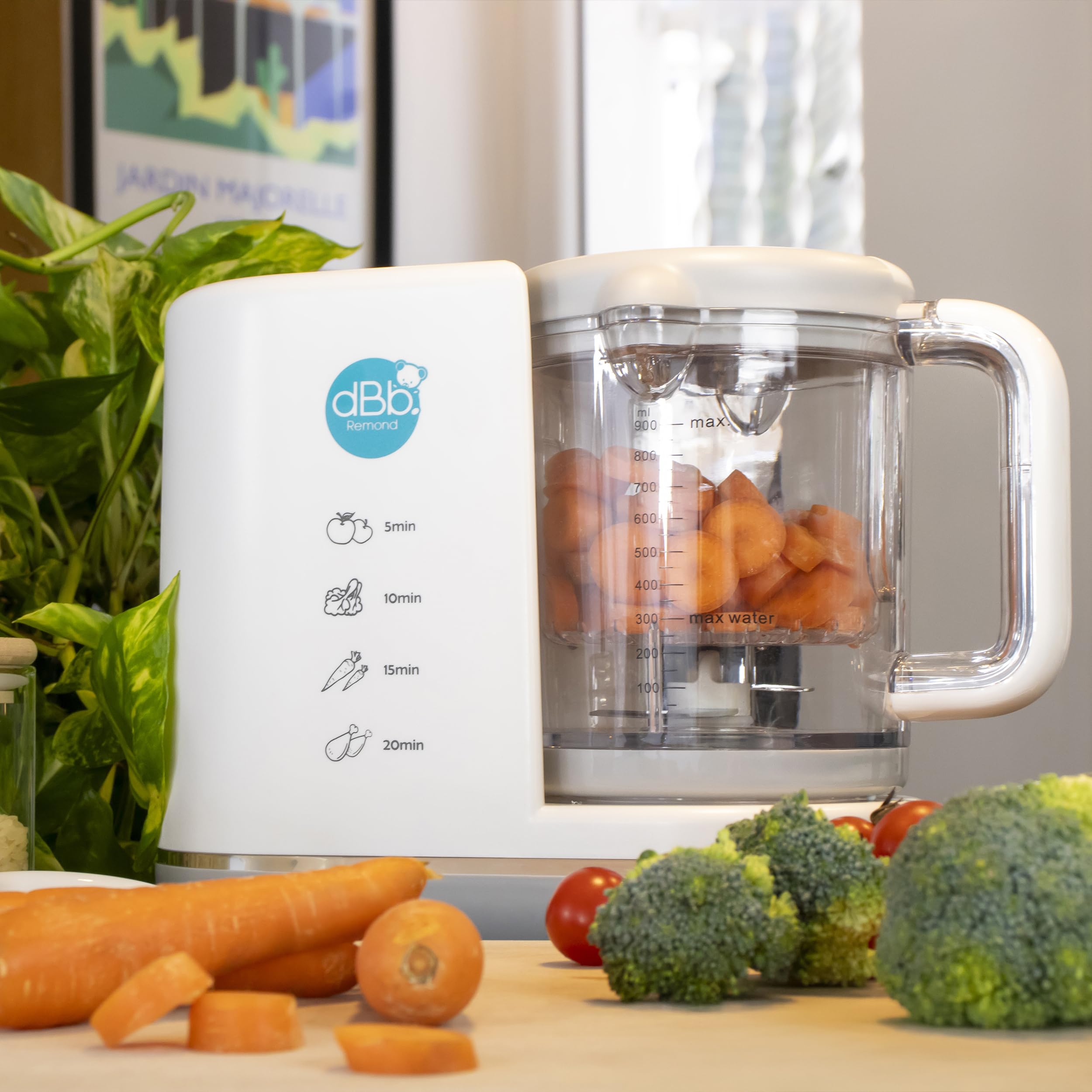 dBb Remond Robot Cuiseur Bébé Multifonctions 6 en 1 - Cuit Vapeur, Mixe, Hache, Stérilise, Chauffe et Décongèle - Auto Nettoyant - Repas Sains et Faciles pour Bébé - Capacité 1000 ml - Blanc & Gris