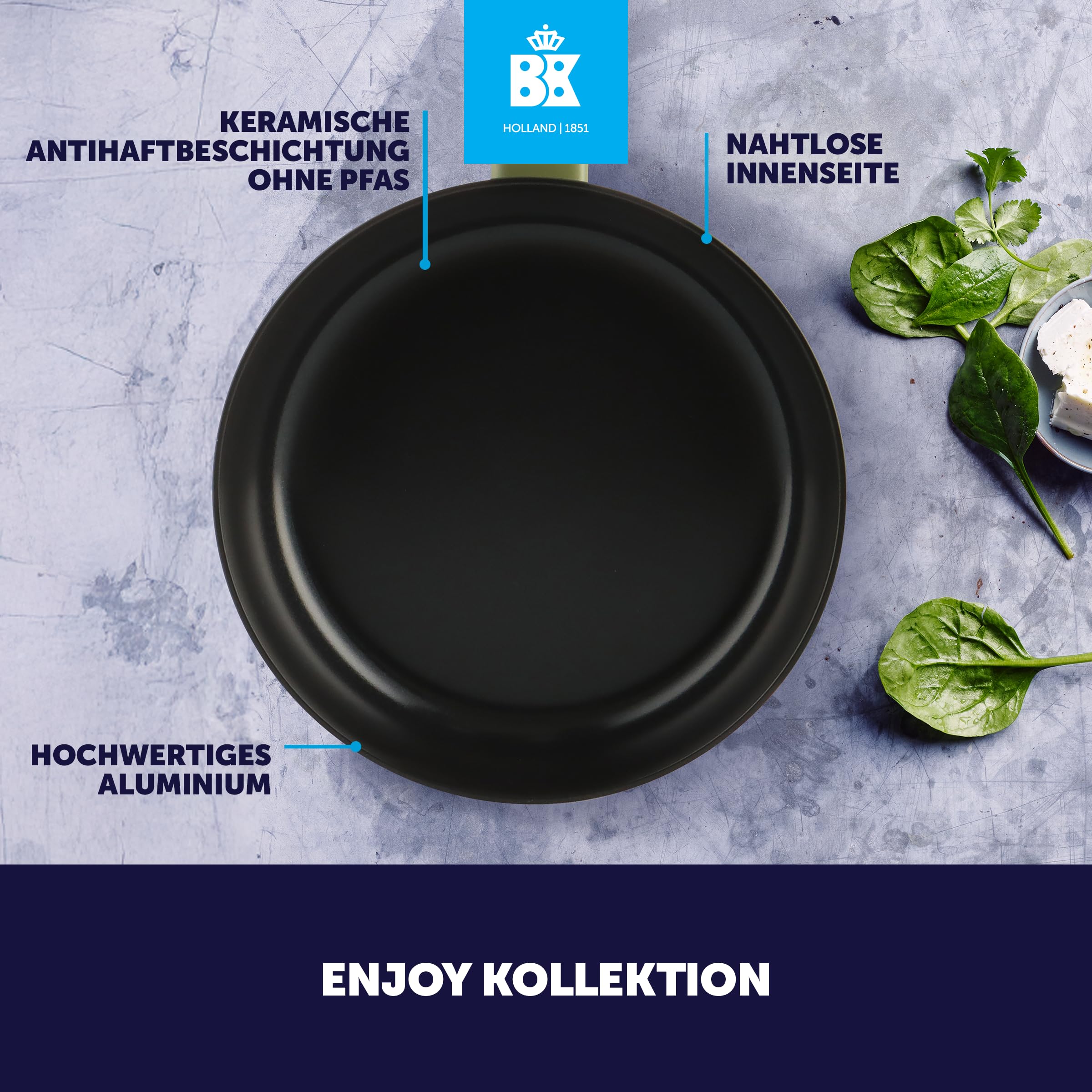 BK Enjoy - Padella antiaderente in ceramica con coperchio, Ø 28 cm/3,4 l, senza PFAS, adatta al forno fino a 160 °C, lavabile in lavastoviglie, riscaldamento rapido, manici freddi, verde oliva
