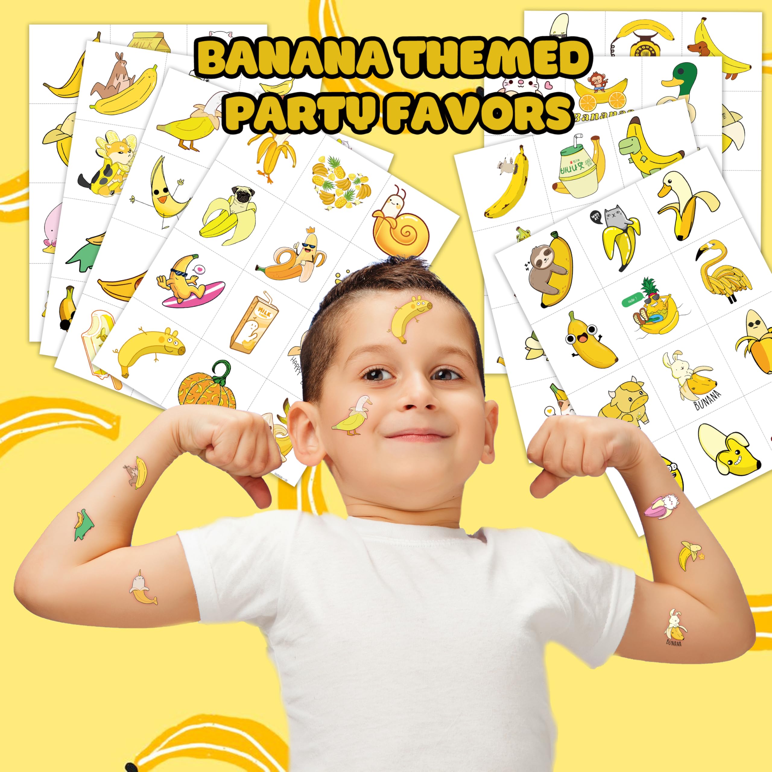Banana Pre-Cut Temporary Tattoos 8 Sheets 96PCS Yellow Banana Party Decorations Supplies Favors Fruits Theme Birthday Stickers Christmas Gifts for Boys Girls Class School Prizes Carnival (Normal)